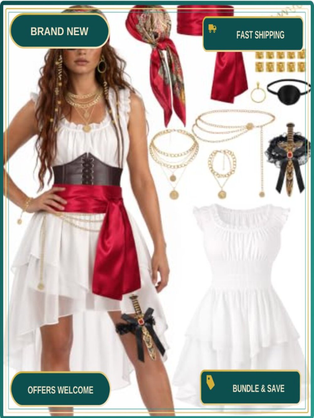 Women's Pirate Costume 10 Piece Set Renaissance Halloween LARP Outfit